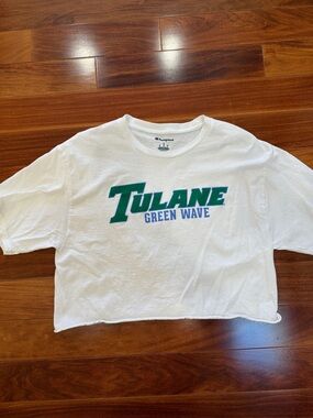 Champion White Crop Tee with Green and Blue Tulane Graphic